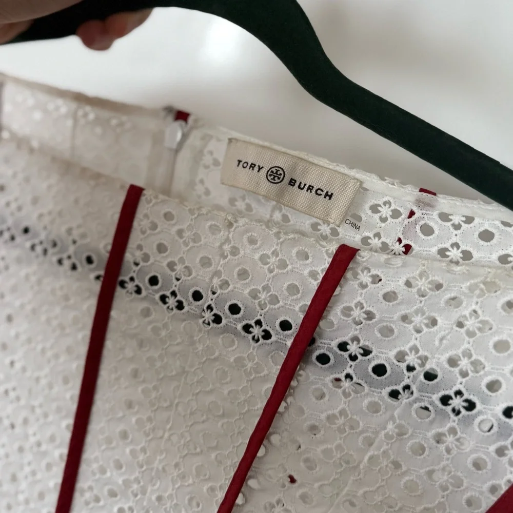 EUC Tory Burch White Eyelet Dress with Red Accents
